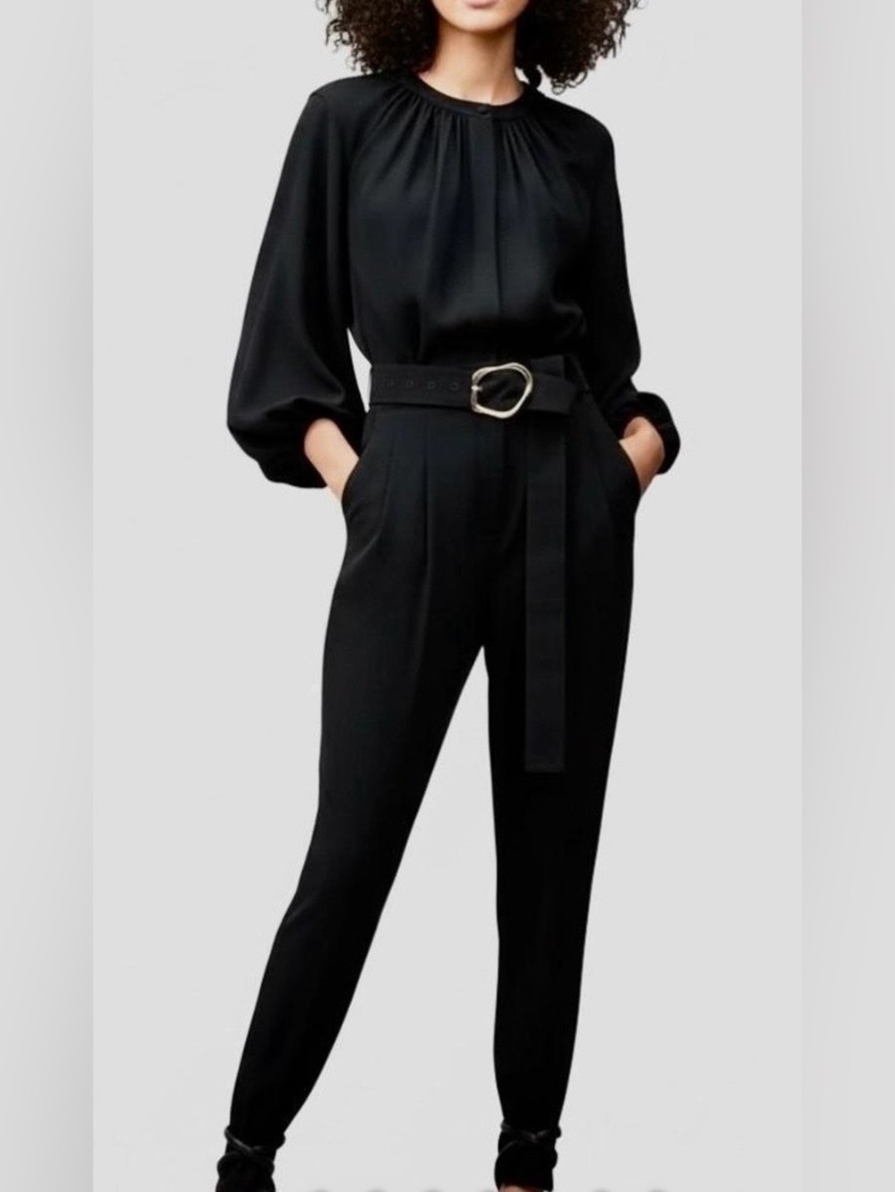 Lafayette 148 New York Black Long-Sleeve Belted Jumpsuit